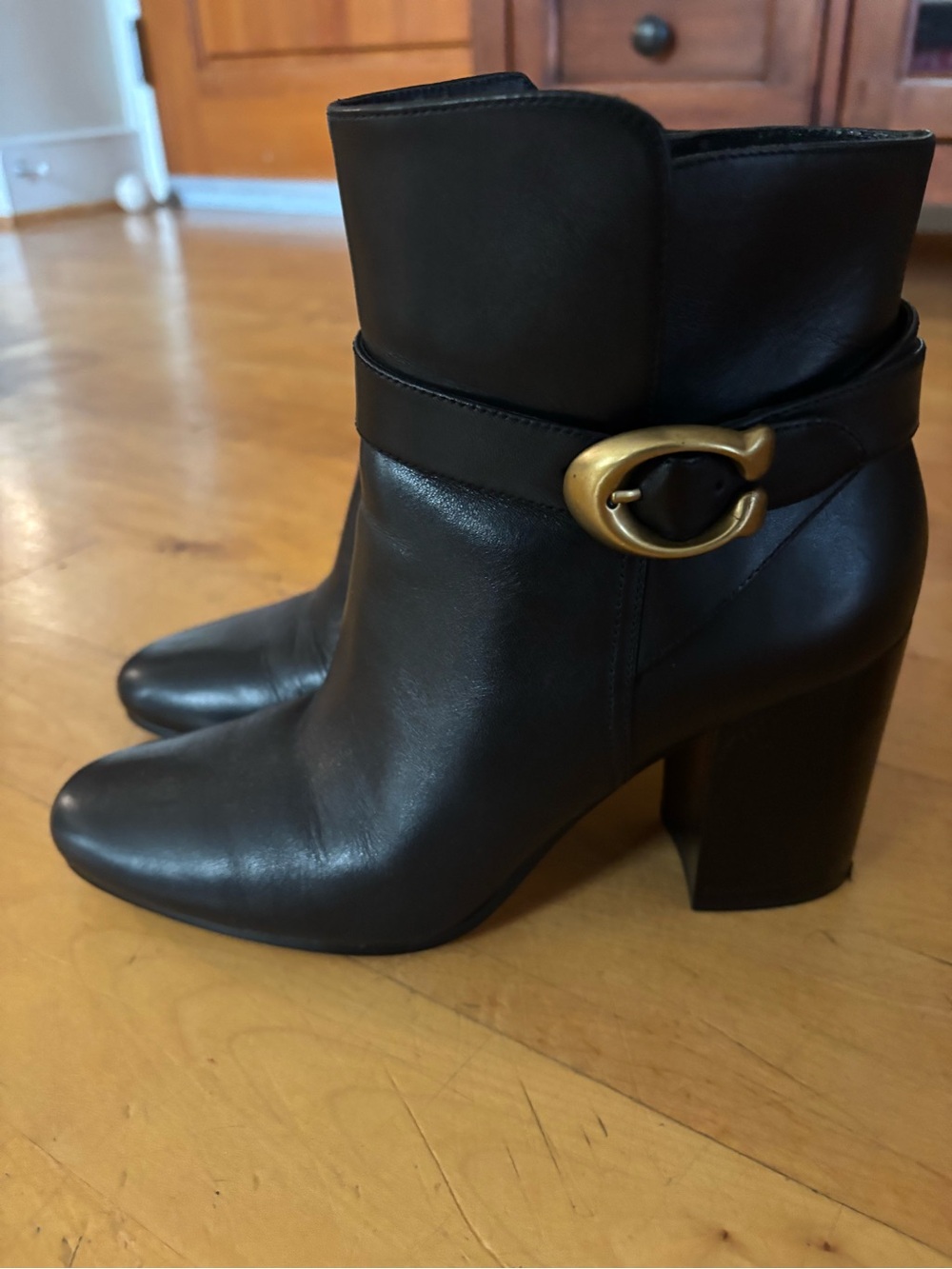 Coach Black Leather Ankle Boots with Gold Buckle